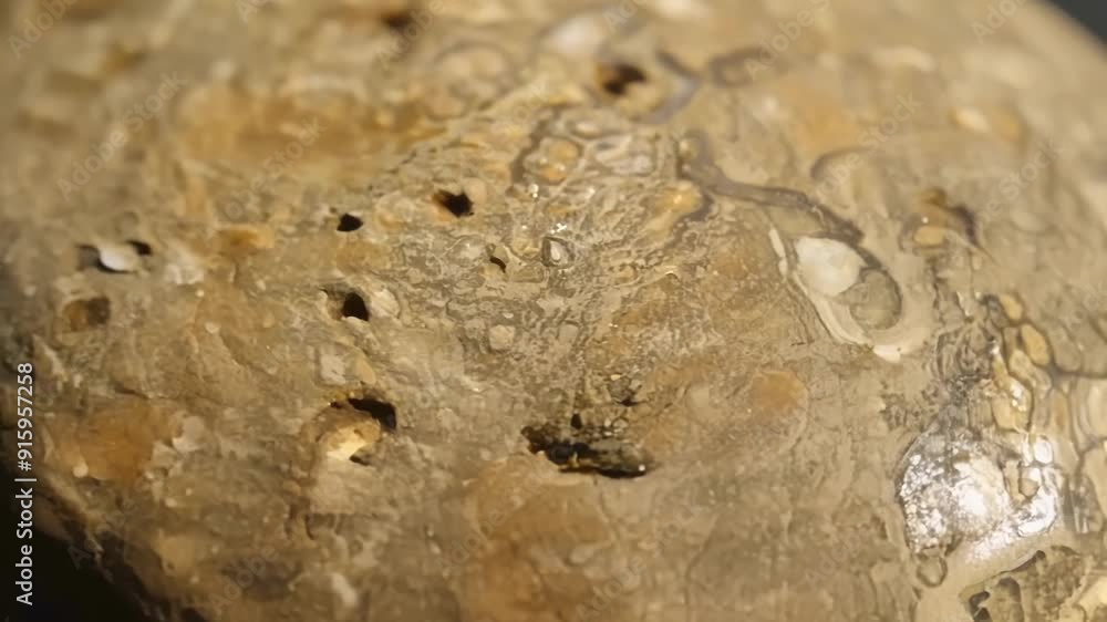 Poster Detailed shot of a smooth pebble adorned with tiny fossil imprints and lines telling a story of its long journey through nature.