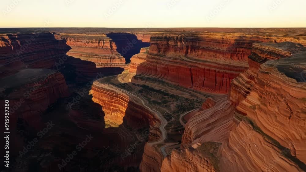Aufkleber A drone shot flying over a vast canyon with exposed rock strata highlighting the distinct layers and variations in color and texture.
