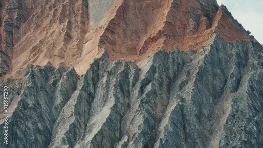 Poster closeup footage of a mountain with exposed rock strata showcasing the sharp edges and jagged layers 
