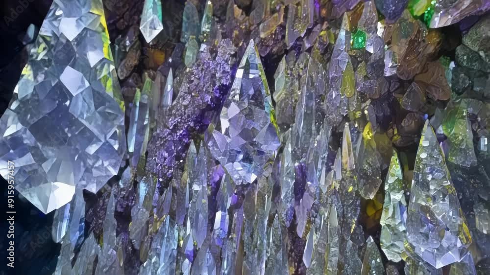 Poster a closeup of a crystalencrusted cave wall the vibrant colors and unique structures of the crystals g