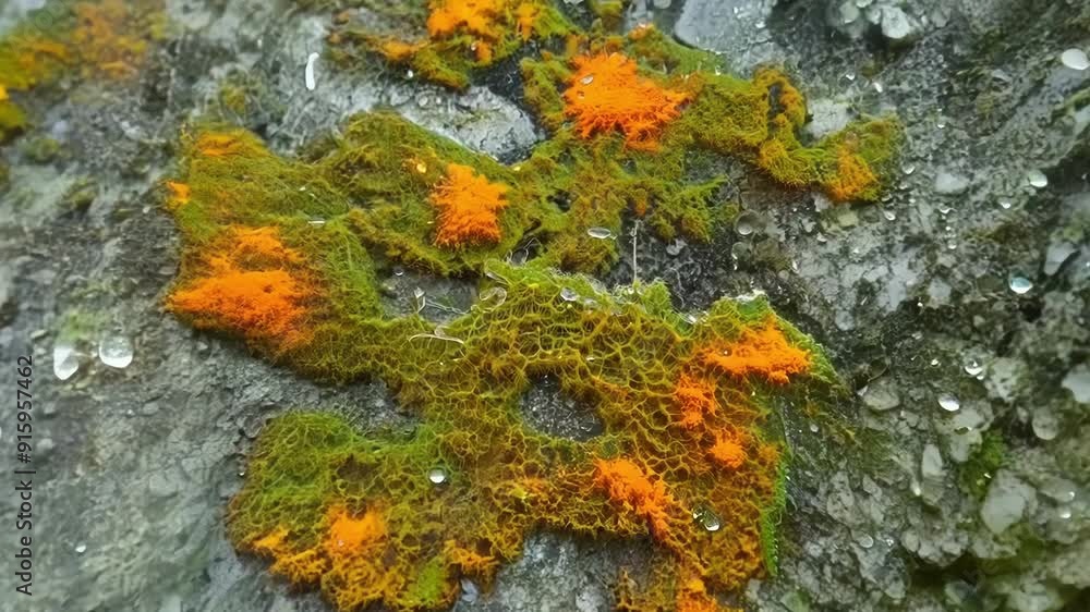 Poster a zoomedin shot showcasing the intricate patterns and colors of lichen with shades of orange yellow 