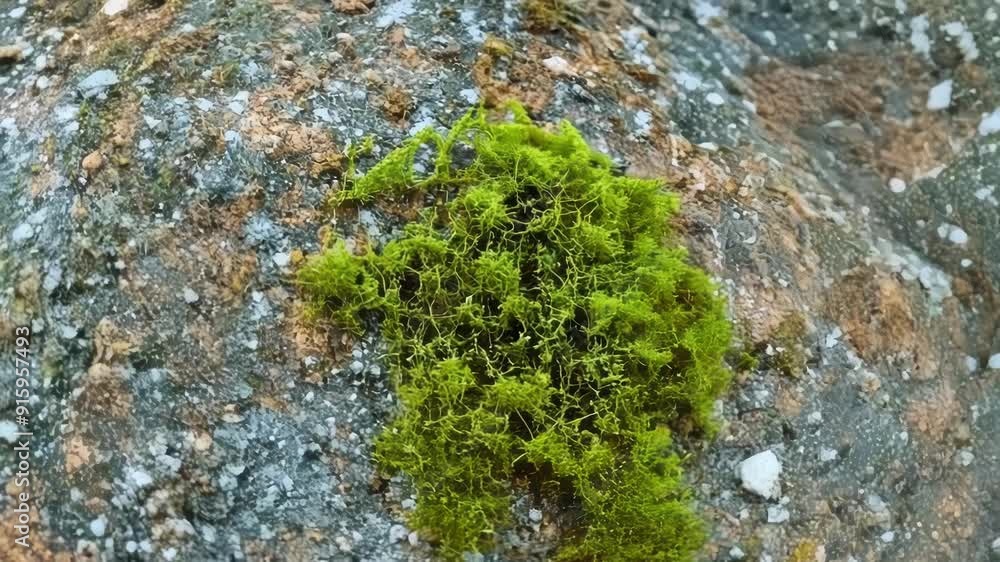 Poster a detailed view of tiny green lichen slowly spreading its branches across a rough textured surface o