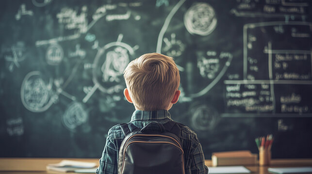 a schoolboy with a backpack stands and looks at the board