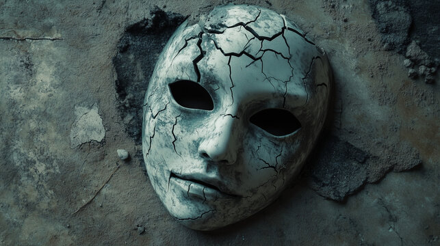 Cracked Ceramic Mask Lying on Weathered Concrete Surface - Powered by Adobe