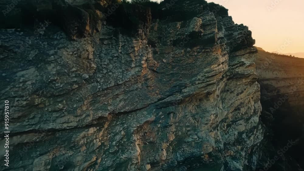 Poster The camera zooms in on a jagged cliff showcasing its craggy unpredictable patterns created by erosion and natural forces.