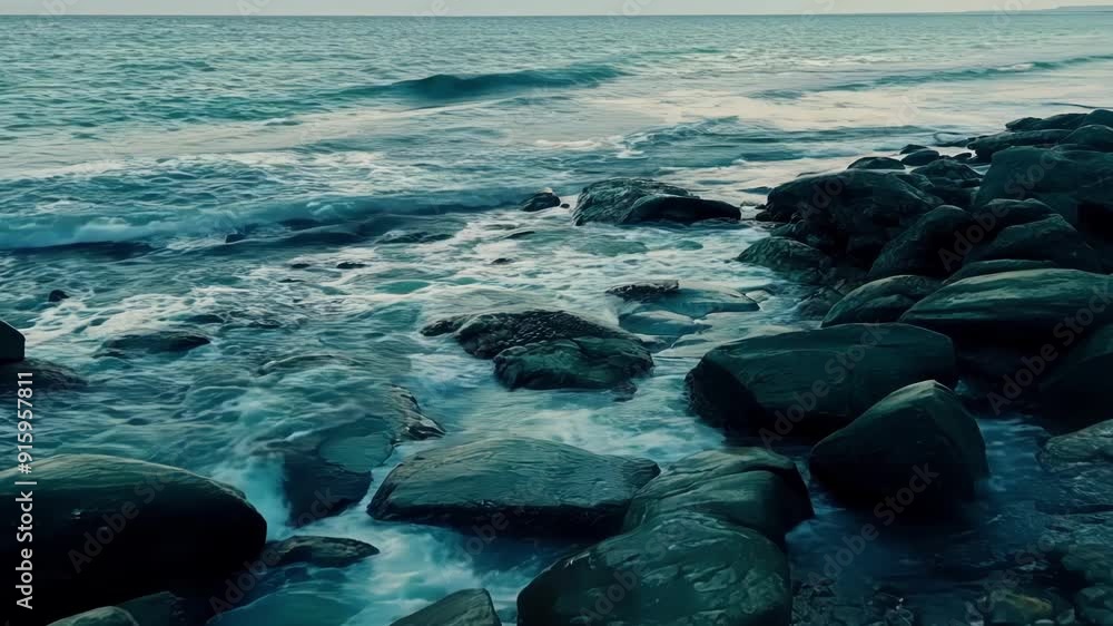Poster The camera zooms in on a section of a rocky beach capturing the mesmerizing repetitive patterns shaped by the ebbs and flows of the tide.