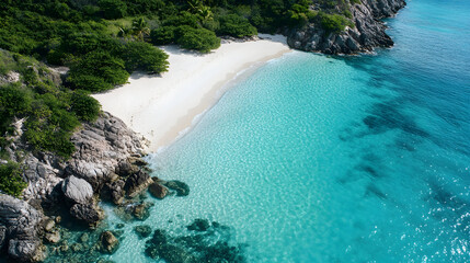 Aerial view of a secluded beach with crystal clear waters and white sand, paradise escape.