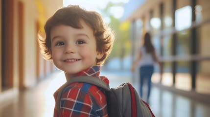 portrait of a schoolboy in a suit with a backpack standing against the background of a school