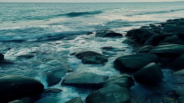 The camera zooms in on a section of a rocky beach capturing the mesmerizing repetitive patterns shaped by the ebbs and flows of the tide.