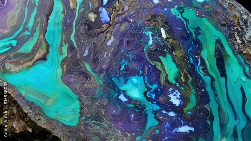 Poster The camera zooms in on a small smooth volcanic rock revealing its unique marbled texture. Swirls of deep blues purples and greens create a mesmerizing pattern that seems to move