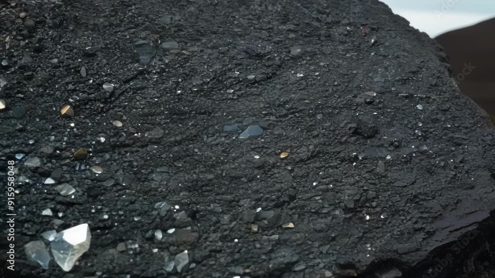 Poster As the camera focuses on a large volcanic rock we see its rough and angular surface up close. Deep grooves created by molten lava cooling and hardening create a dramatic contrast