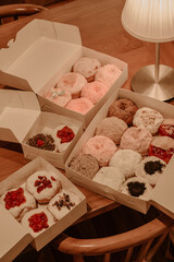 a treat of sweet delicious doughnut in sunny day at the cake shop