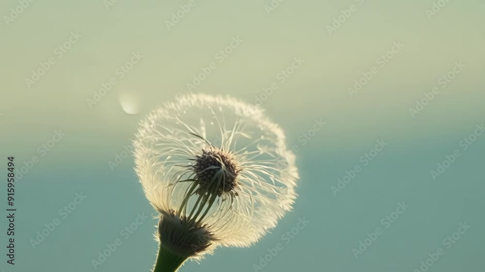 Poster A dandelion in the midst of blowing its seeds into the air with individual strands and seeds visible in sharp focus.