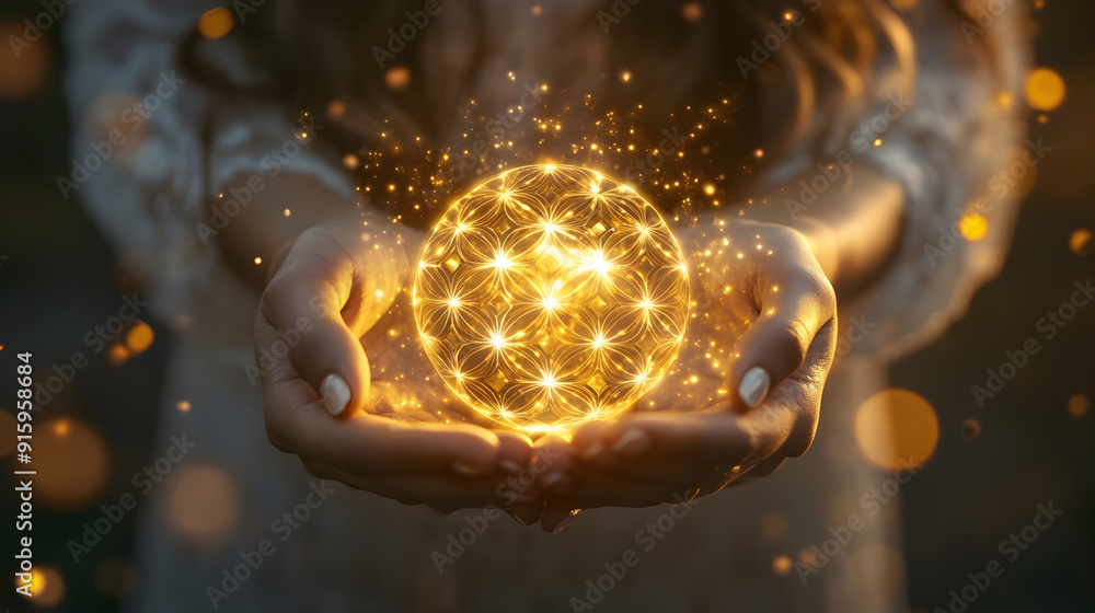 Poster elegant feminine hands support the flower of life, shimmering with an enchanting glow that is imbued
