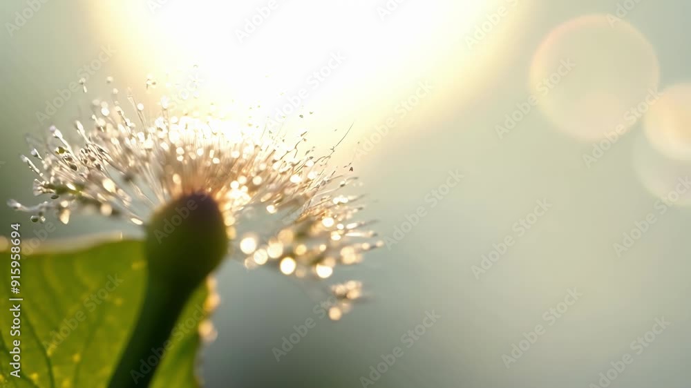 Poster zoomed in view of a stamen revealing tiny droplets of dew glistening on its surface.