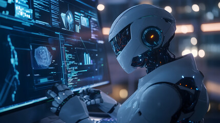 Fototapeta premium artificial intelligence robot using a computer with graphics and technological data on the screen. 