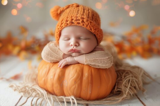 A cute baby peacefully sleeps on a pumpkin, wearing an orange knitted hat, surrounded by warm autumn decorations..