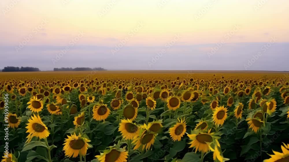 Poster the camera slowly pans upwards revealing a striking view of a field of sunflowers covered in morning