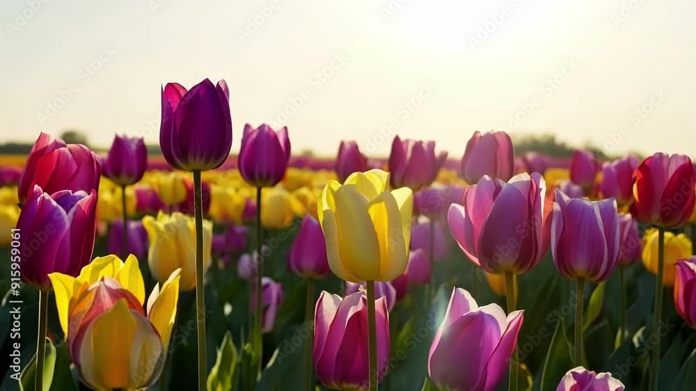 Poster A flurry of rainbowhued tulips each one a different color creating a dazzling display of vibrant pinks purples yellows and reds.