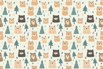Obraz premium Adorable cartoon bears amid pine trees create a charming forest pattern in soft pastels