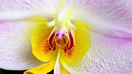 A vibrant purple orchid with bright yellow accents its velvety center filled with tiny stamens and pistils.