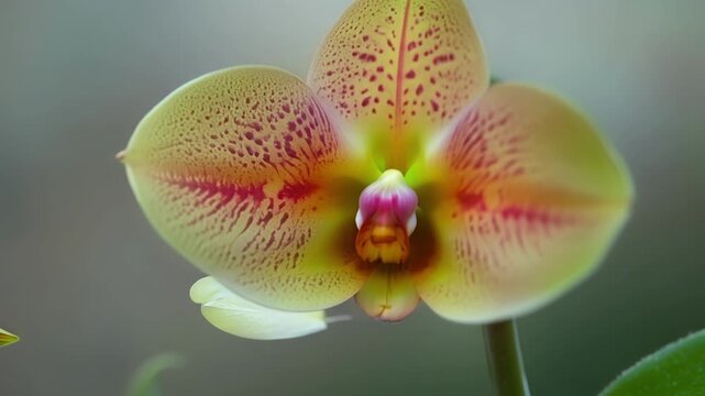 A tight shot of an orchids open center showcasing its unique shape and pattern of spots and stripes.