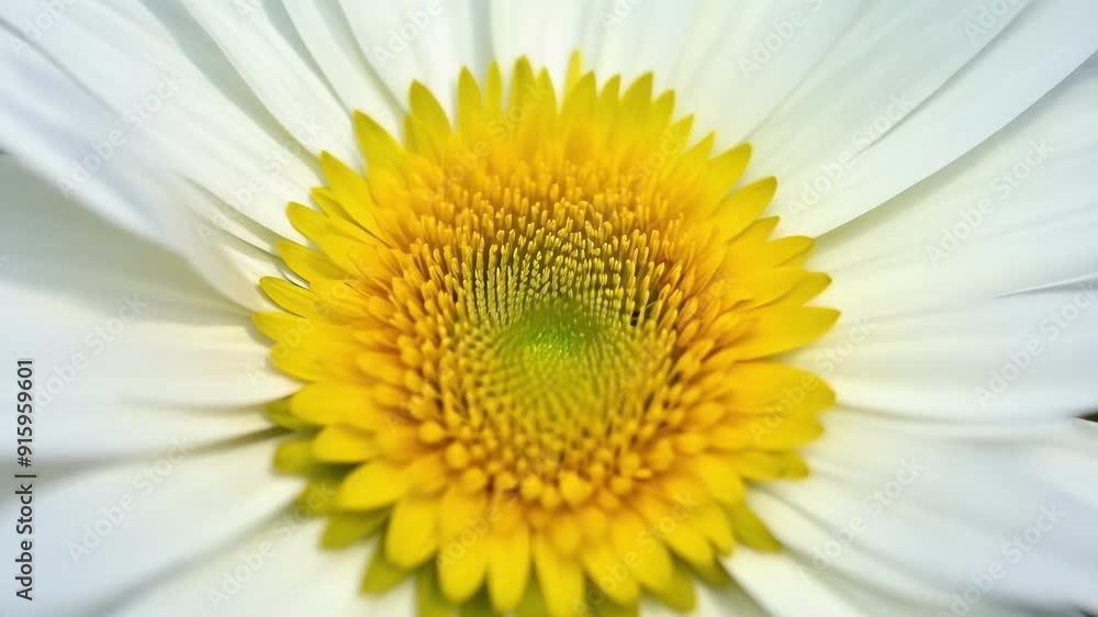 Poster a slow zoom into the center of a daisy showcasing the delicate yellow stamen and intricately arrange