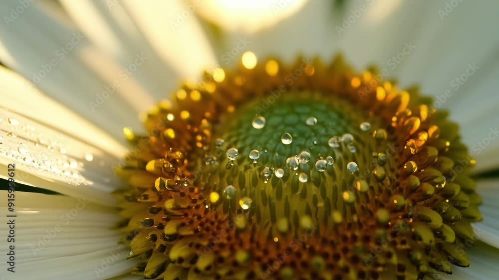 Poster a closeup of water droplets clinging to the textured center of a daisy reflecting the sunlight and a