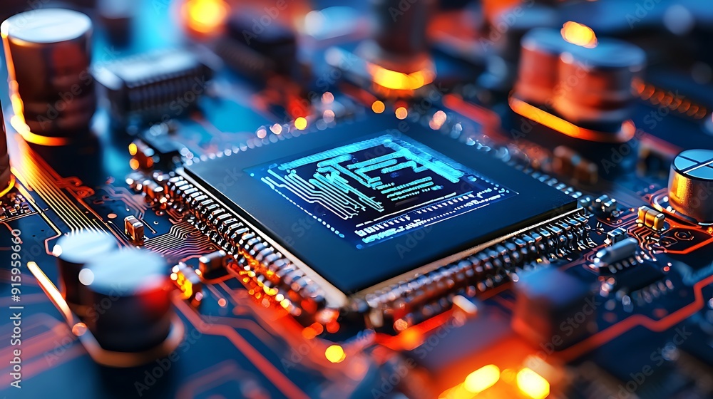 Poster intricate green circuitry, a mesmerizing macro view of a computer's electronic brain