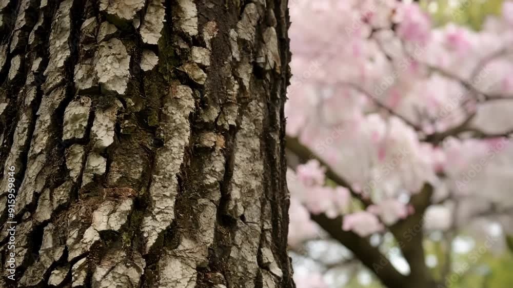Poster A closeup of a cherry blossom tree trunk showcasing its unique textured bark and the subtle hints of pink from the flowers in the background.