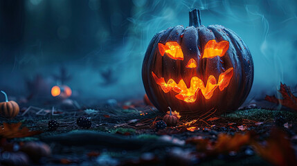 Naklejka premium halloween mystic forest night concept pumpkin with fire light eyes and mouth on smokey blur background, pumpkins scary invitation card , banner, wallpaper, abstract art 