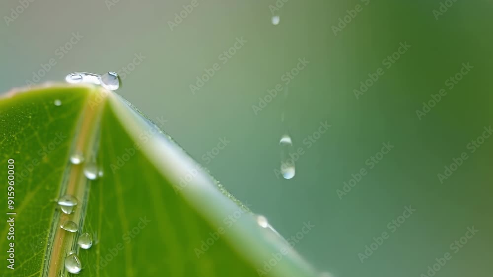 Poster intimate view of a single droplet sliding down the length of a leaf leaving a trail of water in its 