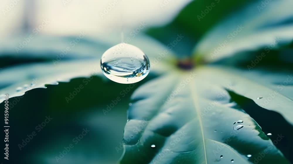 Poster Detailed view of water droplets delicately balanced on the spiky edges of variegated leaves creating a harmonious contrast of textures.