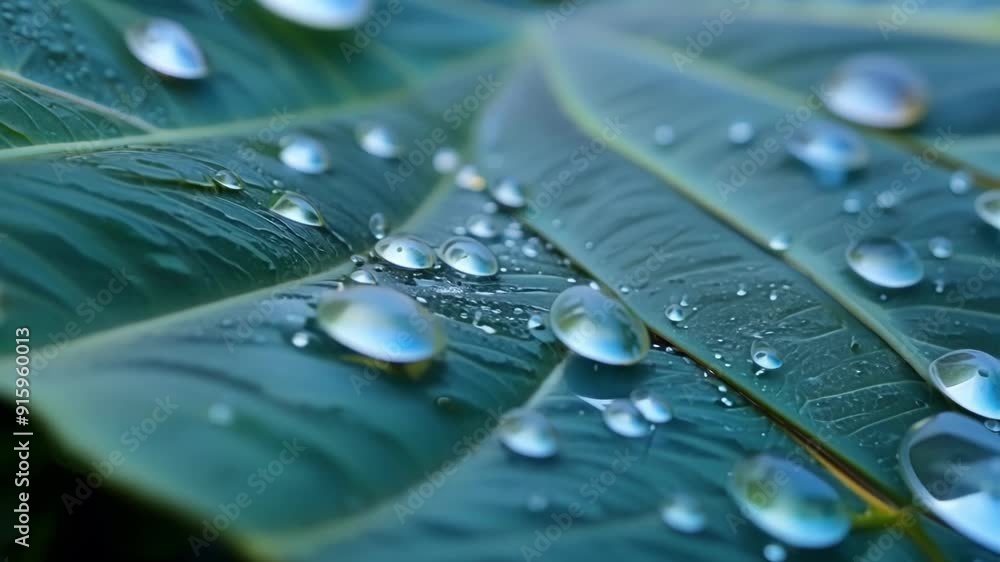 Poster slow pan over a sea of droplets settled on thick glossy leaves highlighting their intricate designs 