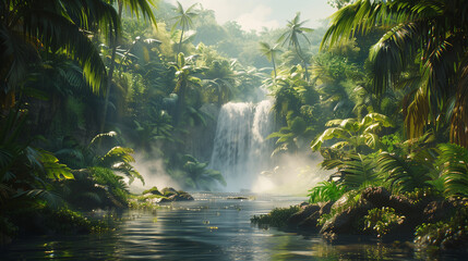 A serene jungle scene featuring a waterfall surrounded by lush greenery and vibrant plants.
