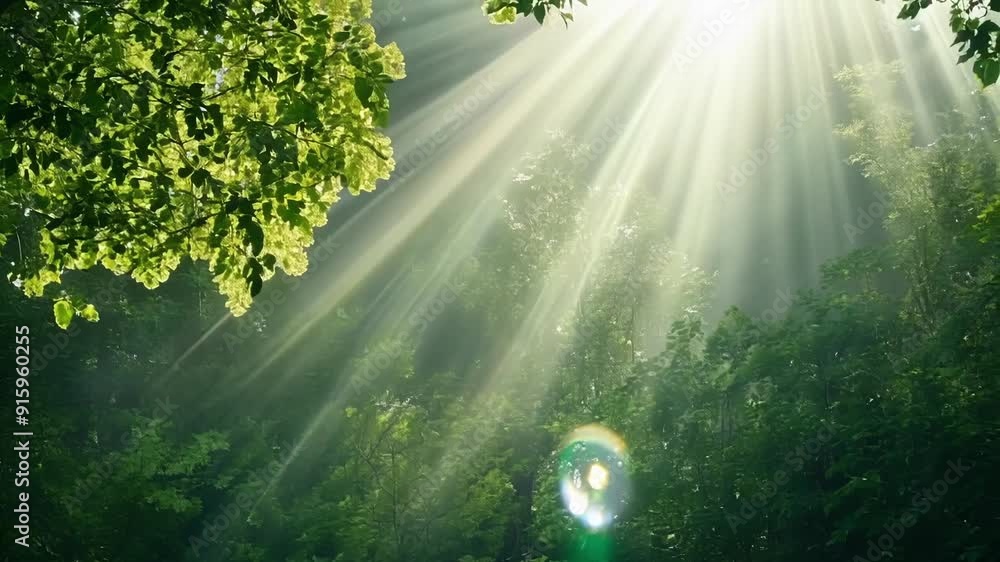 Poster Light dancing through a lush canopy of foliage illuminating the forest floor below in a magical and enchanting display.