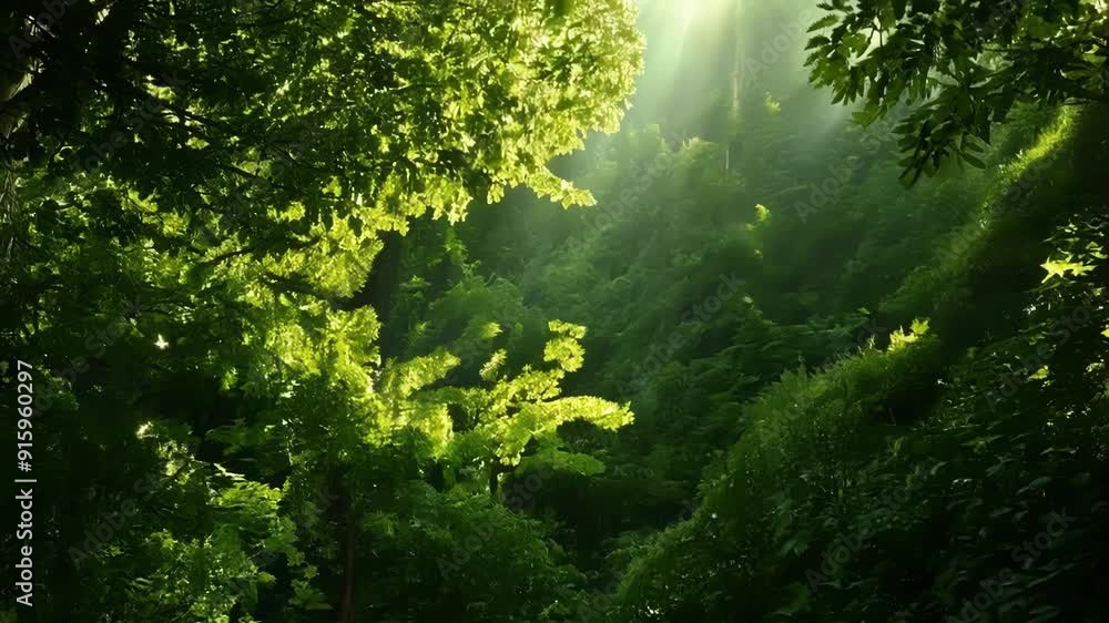 Fototapete The soft glow of the sun as it filters through a dense layer of emerald leaves creating a tranquil and calming ambience.