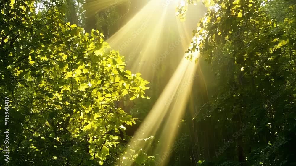 Poster Sunlight pouring through a curtain of verdant leaves adding a pop of warmth and color to a serene forest scene.