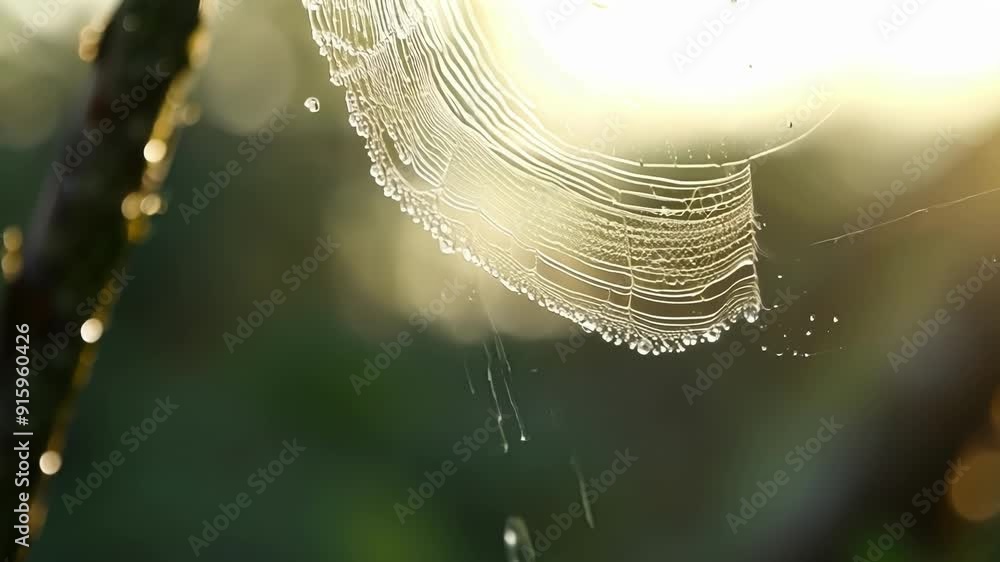 Poster A dewy spider web stretching between two branches decorated with droplets that seem to defy gravity as they cling to the silky threads.