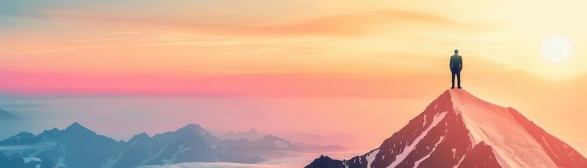 CEO standing on a peak of a mountain of assets, looking towards further growth, visionary success, asset potential