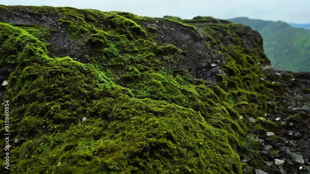 Poster The camera moves in closer and reveals an expansive scene of abundant moss fields sprawling over a large rock formation creating a sea of vibrant green.