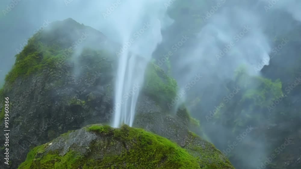 Poster A meditative shot of mist rising up from a mosscovered rock creating an ethereal and tranquil atmosphere reminiscent of a fantasy world.