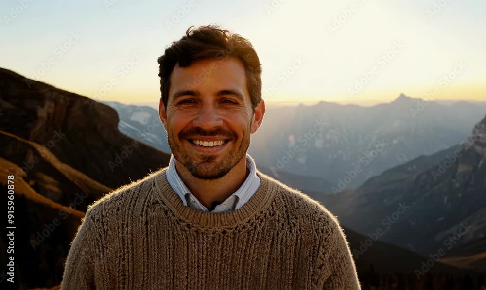 Wall mural group portrait video of a satisfied man in his 40s wearing a cozy sweater against a mountain landsca