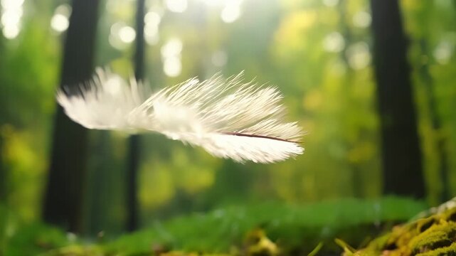 The camera follows a feather as it drifts through a forest caught in the wind and landing softly on the forest floor.