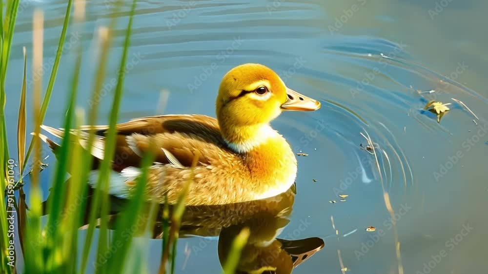 Poster closeup of a lone duckling exploring a small pond its curious eyes scanning the surface for any sign