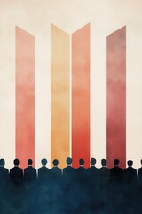 Obraz premium Abstract art with a line of people looking up at three vertical stripes in warm tones.