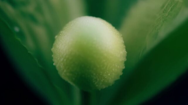 The pistils ovary comes into sharp focus showcasing its round plump shape and delicate green hue.