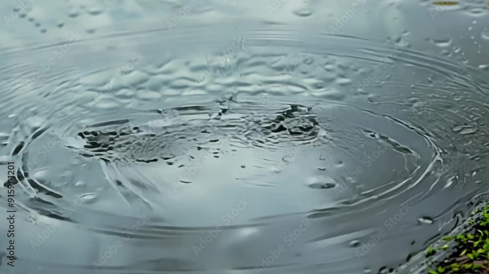 Poster A timelapse video of raindrop ripples in a puddle showcasing the constantly changing patterns and movements as the rain continues to fall.