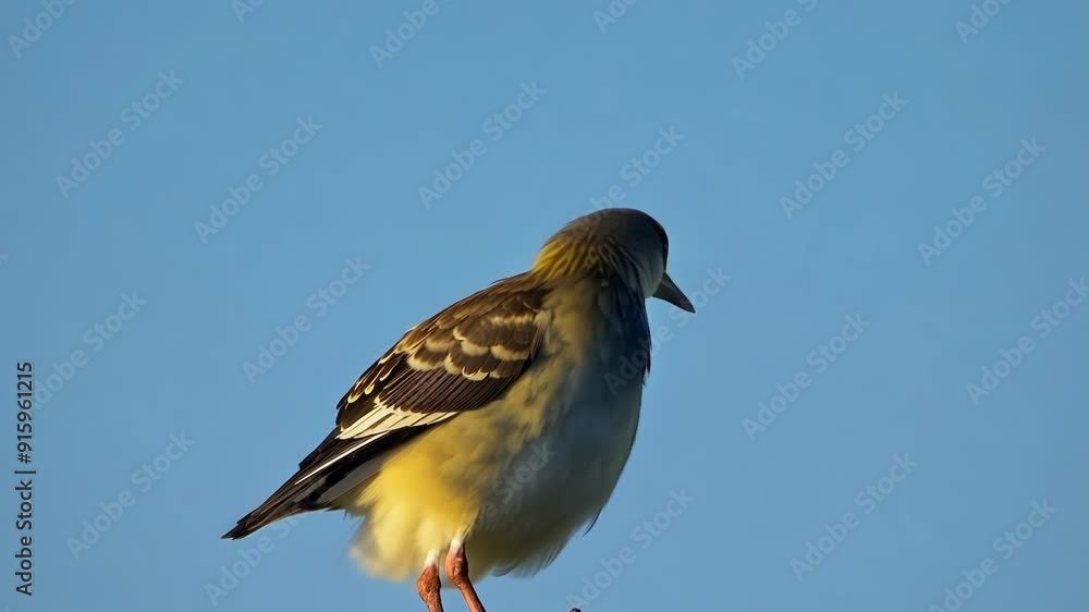 Poster Against a backdrop of blue sky a small bird twists and turns its body to access hardtoreach feathers preening them with care and patience.
