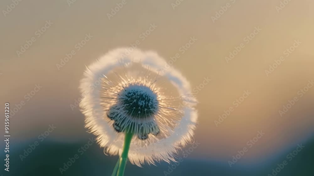 Poster tight shot of a dandelion seed about to take flight with its fluffy parachutelike appearance.